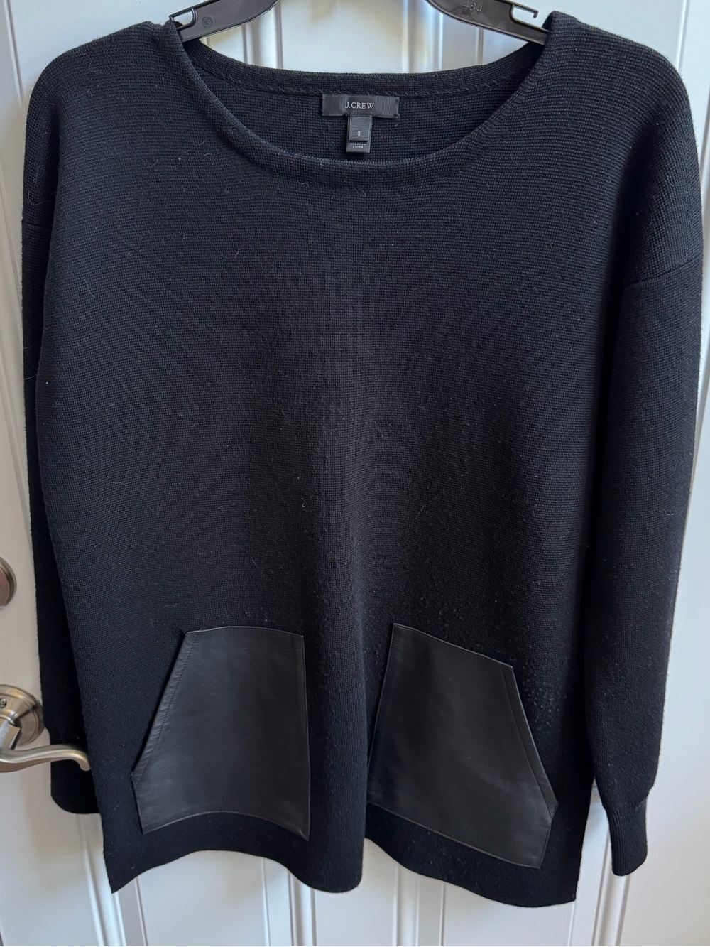 J. Crew Black Crewneck Sweater with Leather Front Pockets